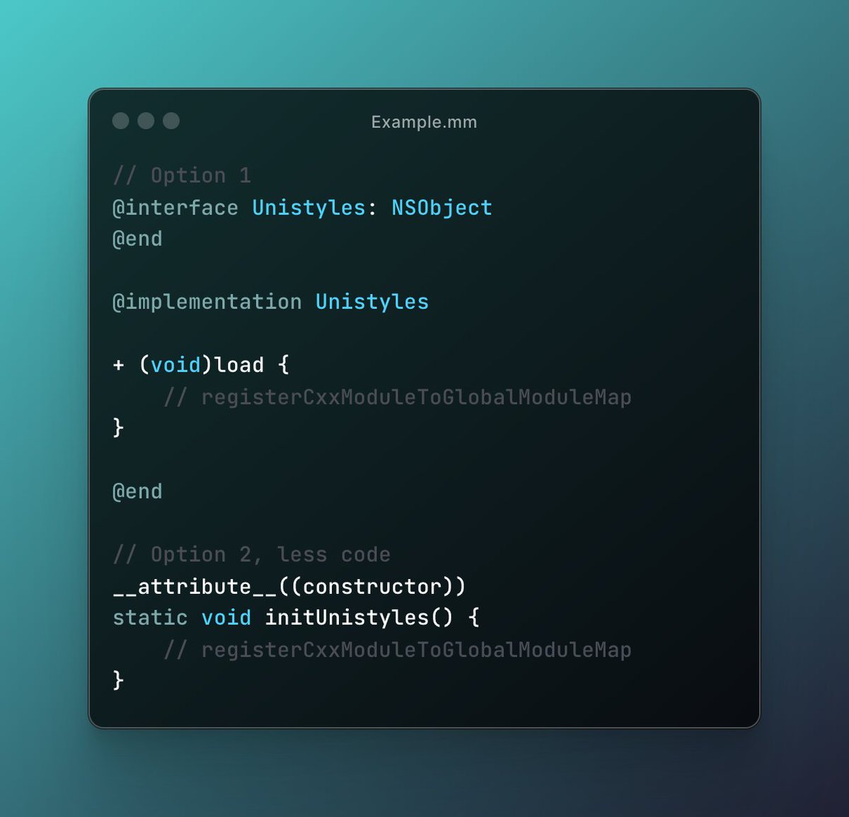 Hey @CipolleschiR @cortinico  I'm trying to figure out the best way to initialize a C++ TurboModule on iOS without any extra boilerplate.

@mrousavy figured it out using the load method, but there is a second option with __attribute__.  Any thoughts?