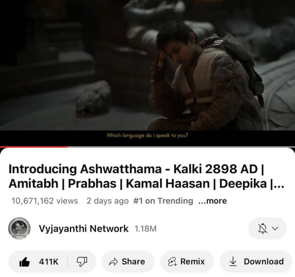 Introduction glimpse of @SrBachchan’s in & as ASHWATHAMA is still trending at 1st position in @YouTube 😎😎😎🔥🔥🔥 #Prabhas #Kalki2898AD