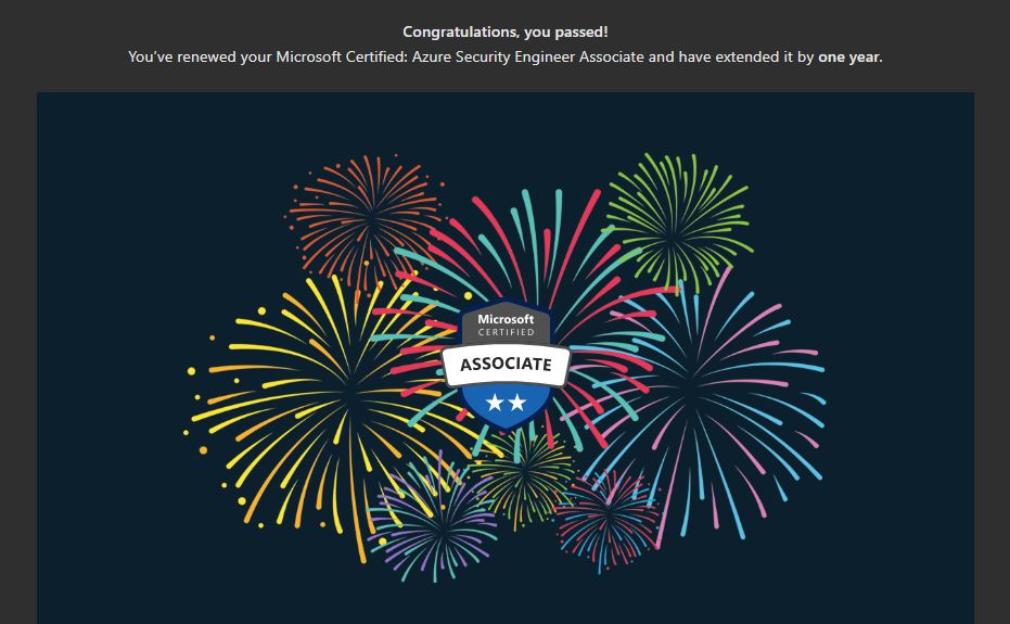MattChatt42's tweet image. Another successful Azure Security Engineer Associate certificate renewal completed! #Azure #SecurityEngineer