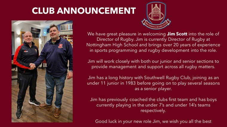 Club Announcement - Jim Scott Appointed as Director of Rugby #Pitchero southwellrfc.com/news/club-anno…