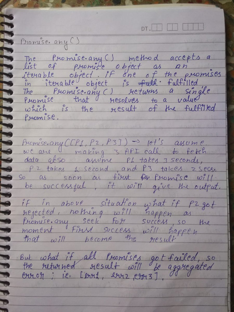 dev_Aditya07's tweet image. Day 28 of #30daysOfJavascript #namasteJavascript 
Promise.any(promises) (recently added method) – waits for the first promise to fulfill, and its result becomes the outcome. If all of the given promises are rejected, AggregateError becomes the error of Promise.any.
