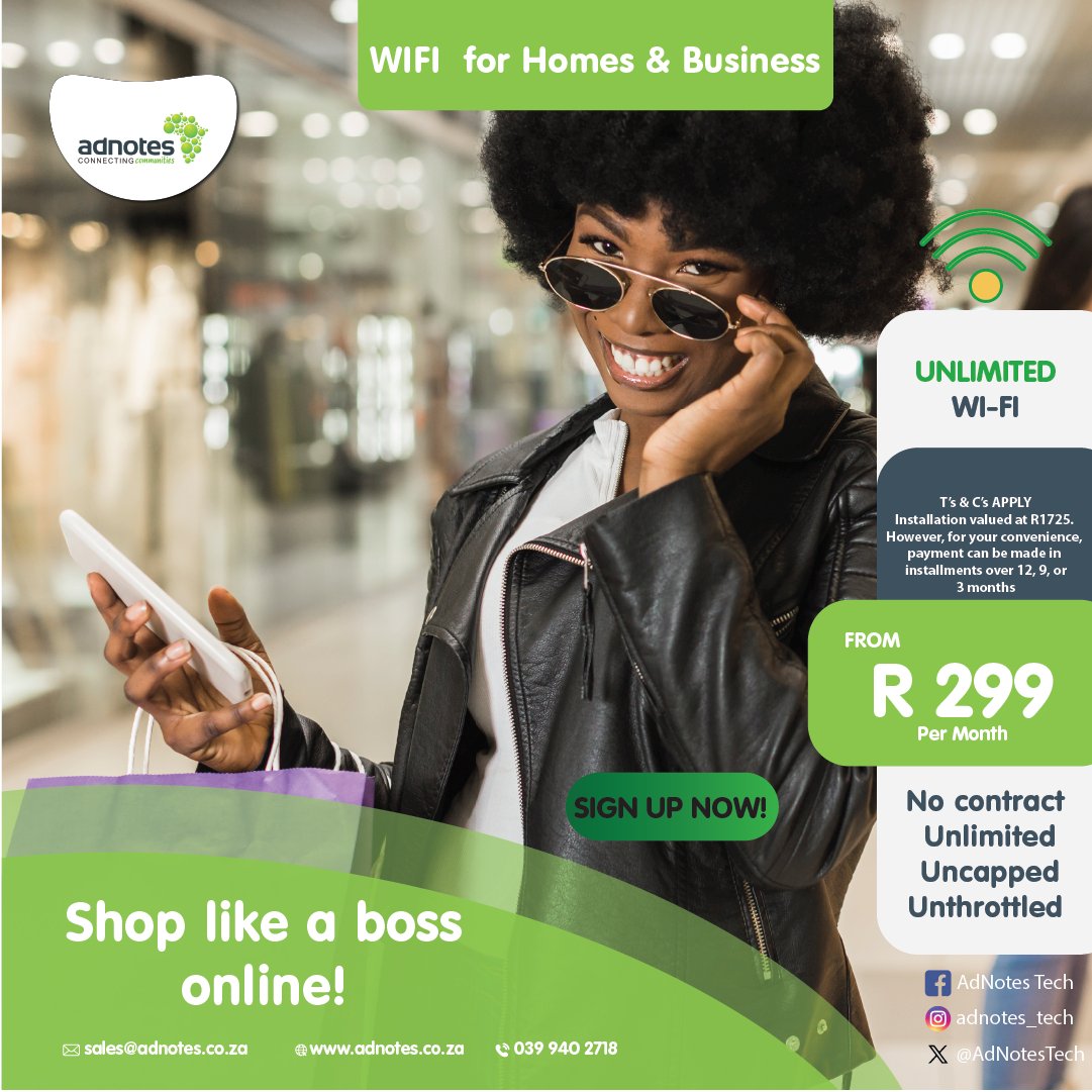 Shop 'til you drop with AdNotes unlimited and uncapped WiFi from adnotes.co.za! Browse, click, and buy without worrying about data limits. adnotes.co.za #OnlineShopping #UnlimitedWiFi #WiFi #AdNotes #Uncapped