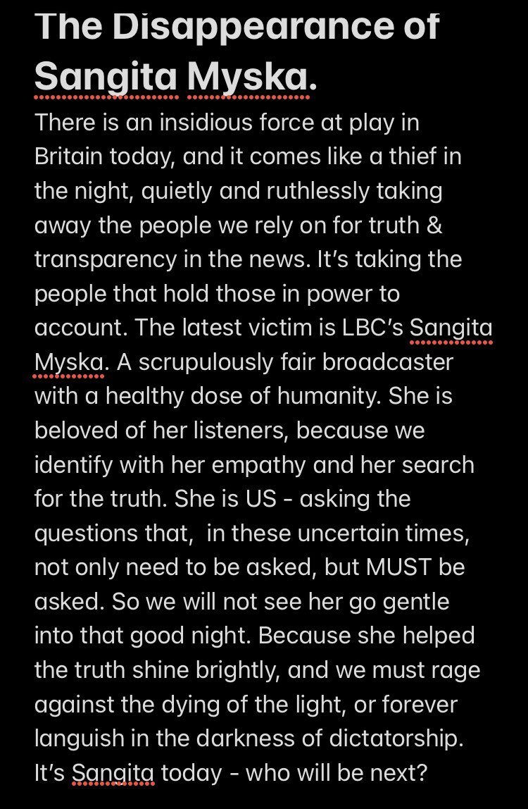 Good morning Tweeps. Please continue to ask @LBC what has happened to @SangitaMyska and continue to share the petition for her reinstatement. I have written a few words.. too many for a tweet, hope you can read them. 🙏