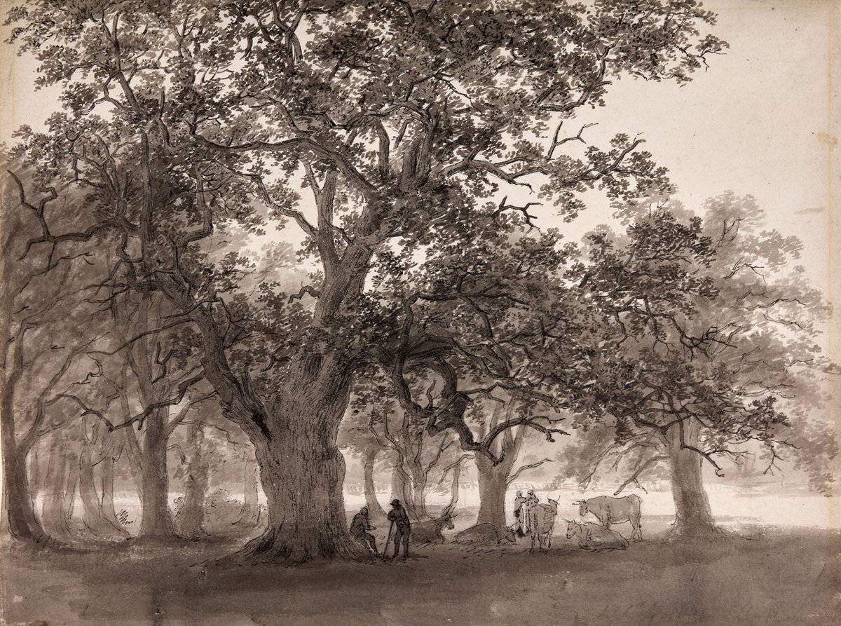 Aston Park, Cattle and Figures under Trees, 1804 by Charles Barber (1784-1854). The artist was the son of Joseph Barber, Birmingham's first drawing master. He studied at his father's art school, studying with David Cox who became a lifelong friend.