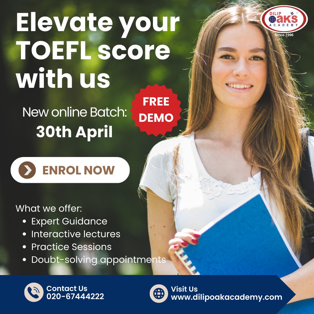 Ace the TOEFL with our interactive teaching and exhaustive practice sessions. Enroll for our Online TOEFL Batch starting on 30th April! Link in Bio #dilipoaksacademy #studyabroad #studyabroadconsultants #MsinUSA #studyinusa #highereducation #toeflcoaching #toeflpreparation #TOEFL