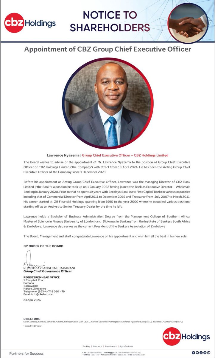 CBZ appoints Lawrence Nyazema as Group CEO. He has the task of steering CBZ’s takeover of FML and ZB Financial Holdings. On April 10, @ZSE_ZW gave CBZ another 90 days to make an offer to FML shareholders, after the initial 6-month period expired. CBZ is still seeking regulatory