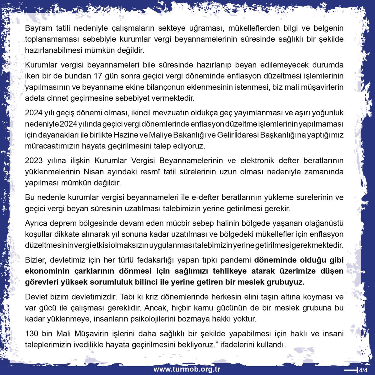 Yahya Arıkan (@yahyaarikan) on Twitter photo Mali Müşavirlerin iş yükünü hafifletecek çözümler acilen hayata geçirilmelidir!
#MaliMüşavirlerinSesineKulakVerin
👉 turmob.info/4aNMoQw
<a href="/HMBakanligi/">T.C. Hazine ve Maliye Bakanlığı</a>
<a href="/gibsosyalmedya/">Gelir İdaresi Başkanlığı</a>
#türmob Mali Müşavirlerin iş yükünü hafifletecek çözümler acilen hayata geçirilmelidir!
#MaliMüşavirlerinSesineKulakVerin
👉 turmob.info/4aNMoQw
<a href="/HMBakanligi/">T.C. Hazine ve Maliye Bakanlığı</a>
<a href="/gibsosyalmedya/">Gelir İdaresi Başkanlığı</a>
#türmob