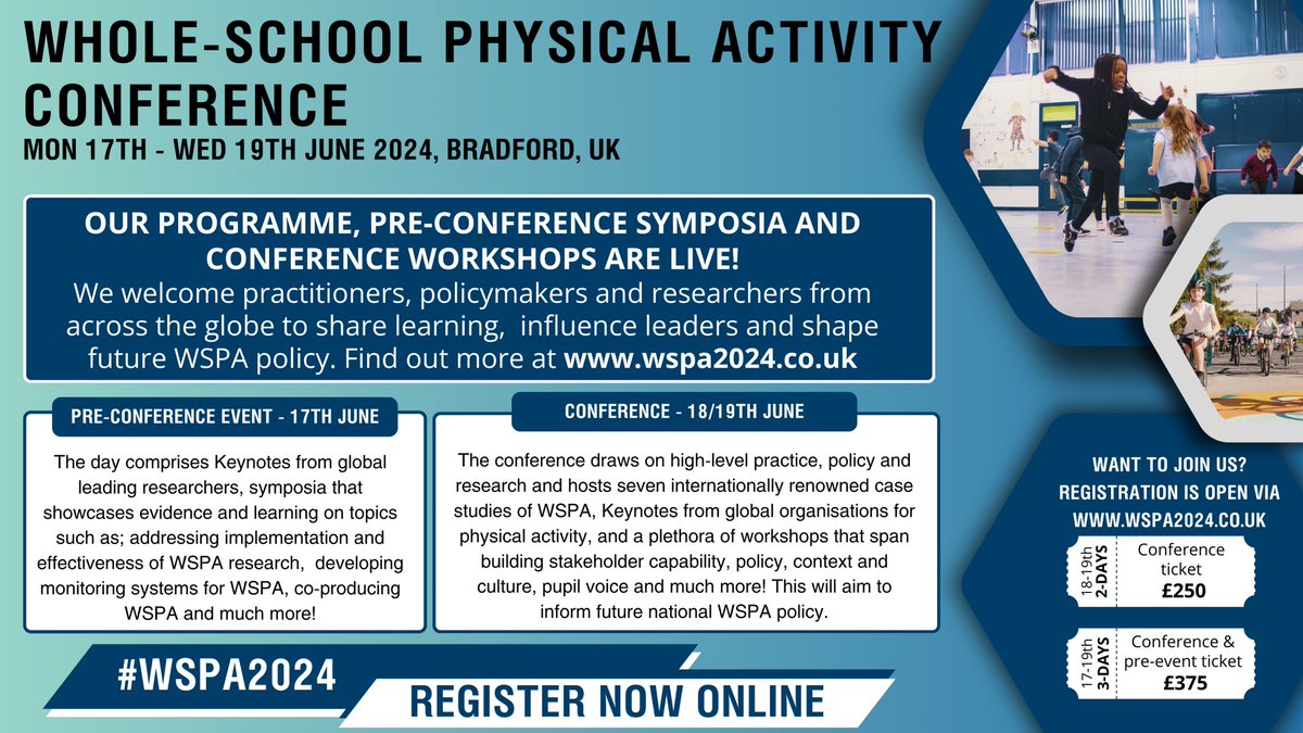 💫Don't miss out, limited #WSPA2024 3-day tickets remain 🎟️Ticket incudes: 📍Attendance at the pre-conference event Mon 17th June 📍Dinner on the Mon eve 📍Conference attendance Tue 18th 📍Drinks reception Tue eve 📍Conference attendance Wed 19th #PhysicalActivity #PE #PESSPA