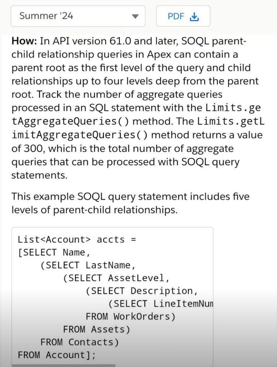 HoangKagawa's tweet image. #Summer 24&apos; リリースでは、1 つの SOQL で親レコードから子レコードに 2 レベルだけでなく 5 レベルも深く移動できます。

#apex #soql