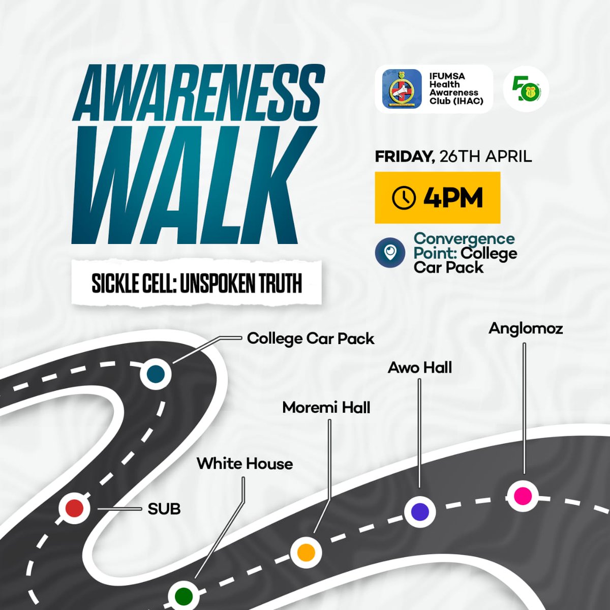 IHAC_OAU's tweet photo. Join the Journey to a sickle cell-free future.🔊🔊🔊

Join us as we walk through OAU campus and create awareness about Sickle cell✨✨

🗓️:Friday, 26th of April 2024.
🕐:4pm
📍:College of Health Sciences Car Park.

#Jointhewalk
#Walkthetalk
#Sicklecellunspokentruths
#Ihac https://t.co/jJBw1R4R2X