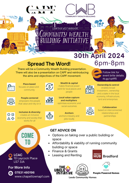 Join our @Hopper_Claude on 30th April 6-8pm at Leeds Caribbean & African Centre to find out more about community wealth building & community ownership eventbrite.com/e/community-we… @leedstidal @OurFutureLeeds @CanopyHousing @LATCHLeeds @HomesPeople