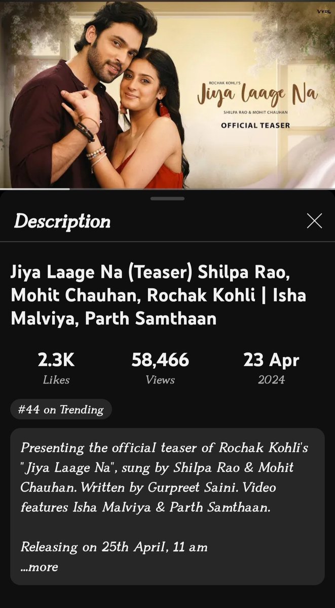 #JiyaLaageNa trending on 44 on YouTube!!! 🥳

• #IshaMalviya • #ParthSamthaan  
• #ShilpaRao    • #MohitChauhan
