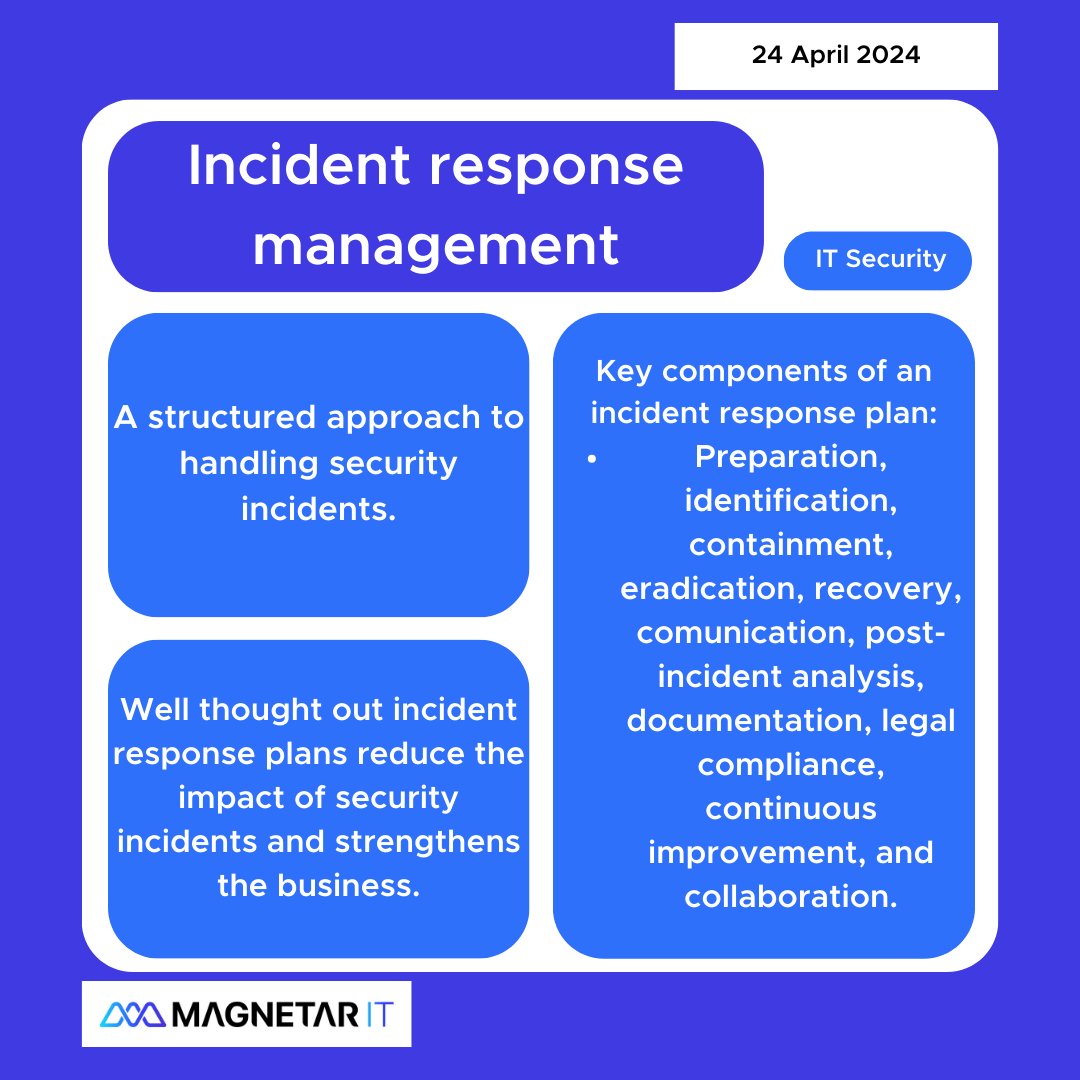 What are the main components of incident response management?✨ Here at Magnetar IT we can help businesses implement IT security protocols to ensure businesses and users remain safe and protected. ⚡ #magnetarit #ITsecurity #IRM #itconsultancy