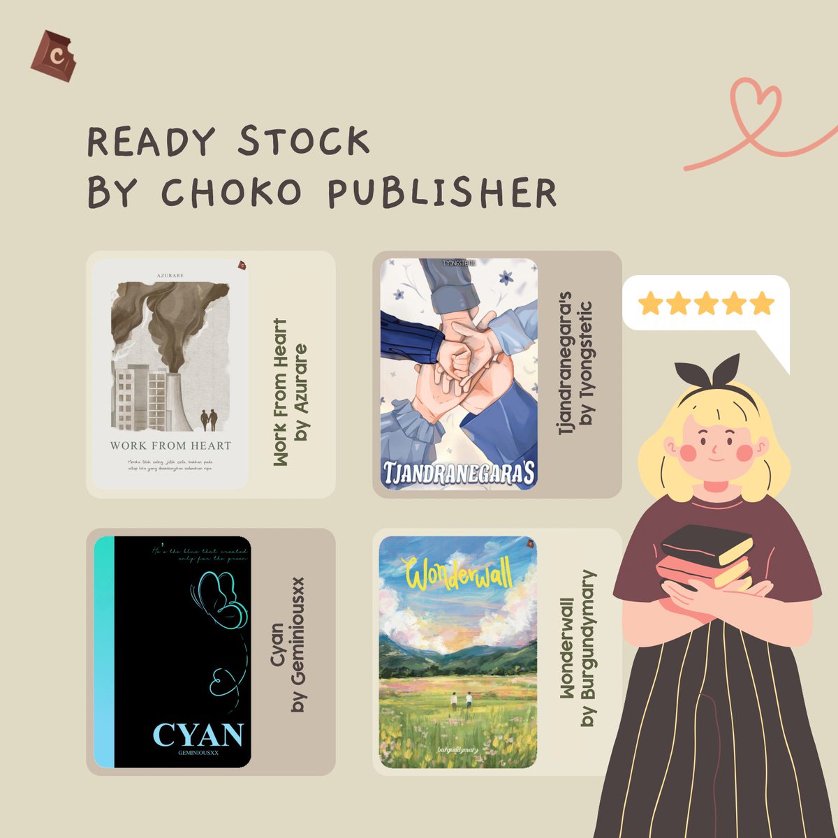 [ 📌 READY STOCK BY CHOKO PUBLISHER ] 

• Work From Heart by @O1DEER
shope.ee/4VGK8noTfc

• Tjandranegara's by @tyongstetic
shope.ee/2fofxTGeDF

• Cyan by @Geminiousxx
shope.ee/4VGK8sD3Om

• Wonderwall by @burgundymary 
shope.ee/6pe9tIW4d4

Grab it fast! 🥳