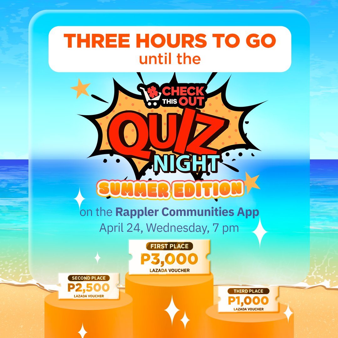 Mainit init ang labanan mamaya! THREE HOURS TO GO UNTIL THE #CheckThisOut Summer Quiz Night! ☀️

Join the #CheckThisOut channel here to join the game: trib.al/phICCiY