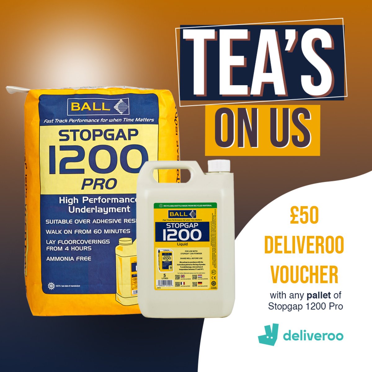 Takeaway Tea On Us (Again!!) 🍔🌯🍟 Get a £50 @deliveroo voucher with every pallet of F.Ball Stopgap 1200 Pro. 📅 Promotion Valid from April 24th - April 26th 🚚 Delivery by May 3rd #fball #fballstopgappro #flooring #flooringinstallation