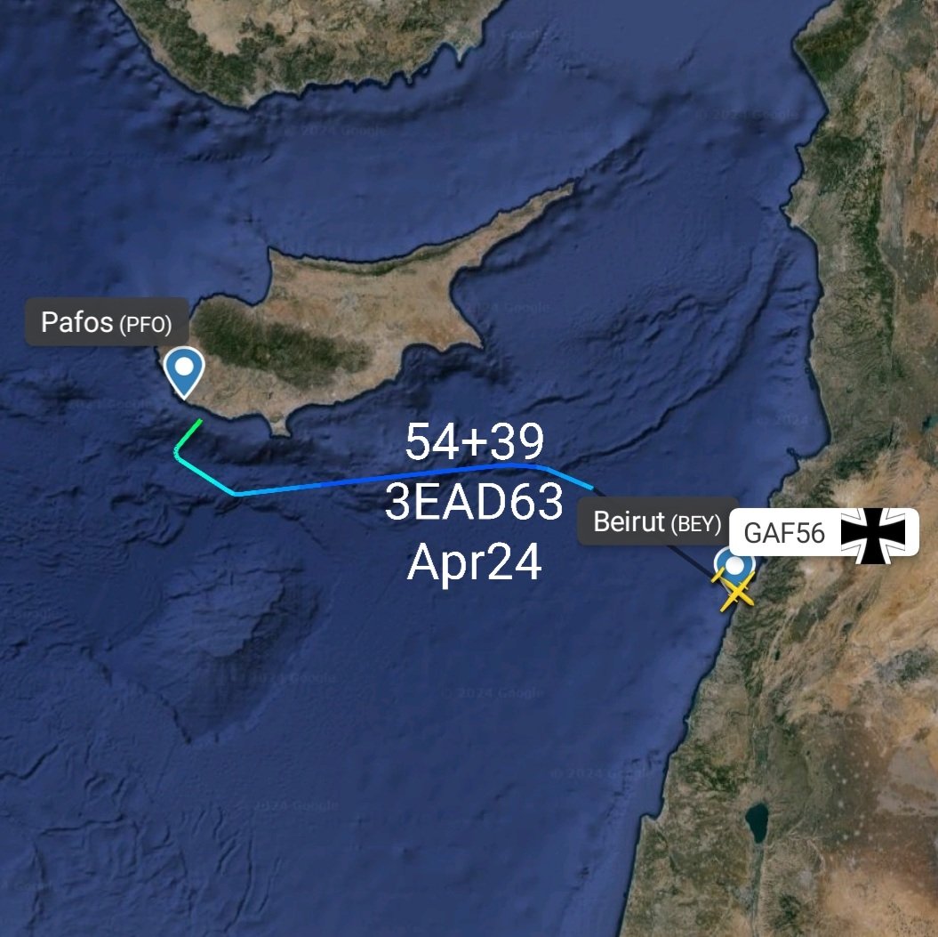 LebanonJets's tweet photo. Military: #Germany AirForce A400M 52+39 hex #3EAD63 as #GAF056 started the day at one of the Jordanian Air Bases (#GPSjam) then #Pafos now into #Beirut https://t.co/qdReZVjyor