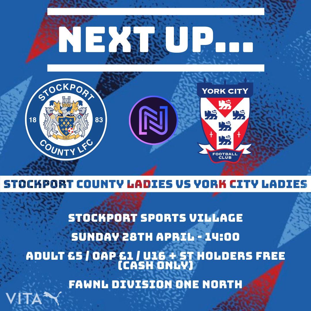 𝗡𝗲𝘅𝘁 𝗨𝗽… 🔜

This is it, our final home game of the season!

Your support this season has been nothing short of sensational! We’d love to see you join us one last time at Stockport Sports Village, where we welcome York City Ladies 🔵⚪️

#StockportCounty | #WeAreNational