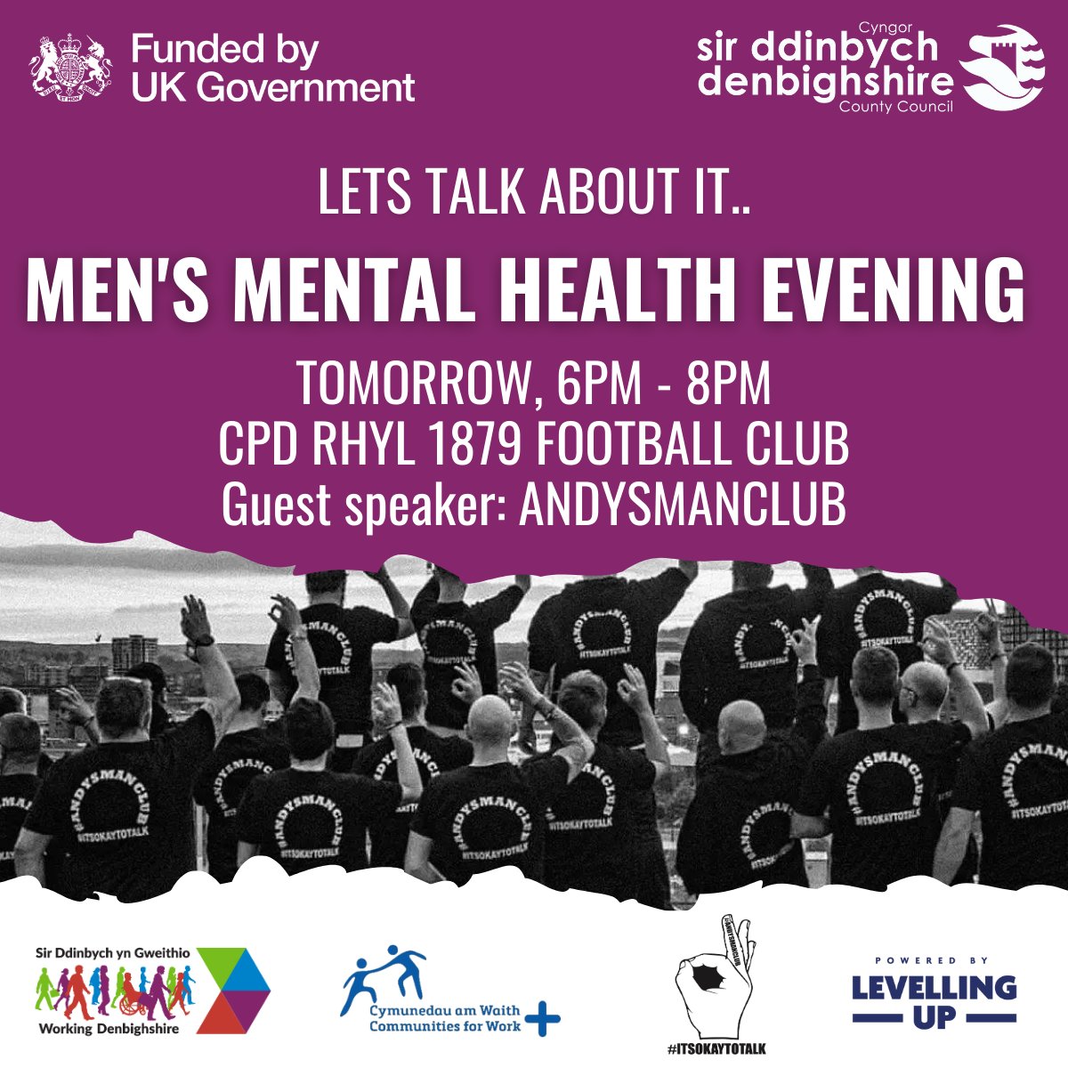 Our Barod team have joined up with @andysmanclubuk to put together an evening aimed to help anyone living in Denbighshire suffering with mental health problems. 

And if that isn’t enough, a pizza van will be on site offering free food and drinks 🍕
#Itsokaytotalk