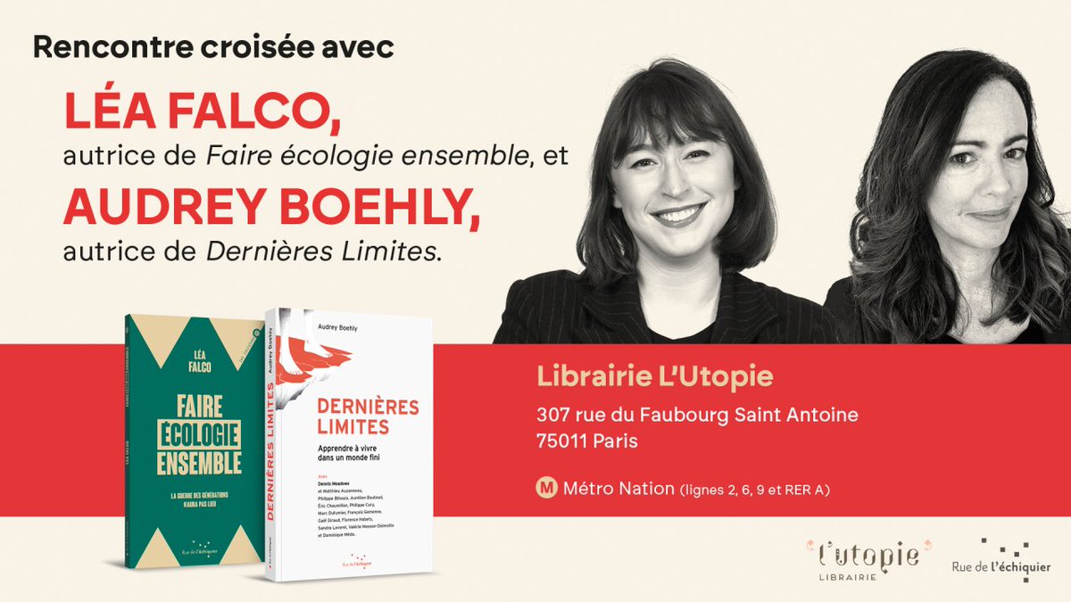 Venez nous rencontrer ! Ce soir je serai à la Librairie Utopie à Paris pour une rencontre croisée avec @lea_falko, porte-parole du collectif @ReveilEcolo Face au dépassement des limites planétaires, comment faire écologie ensemble ? Comment apprendre à vivre dans un monde fini?