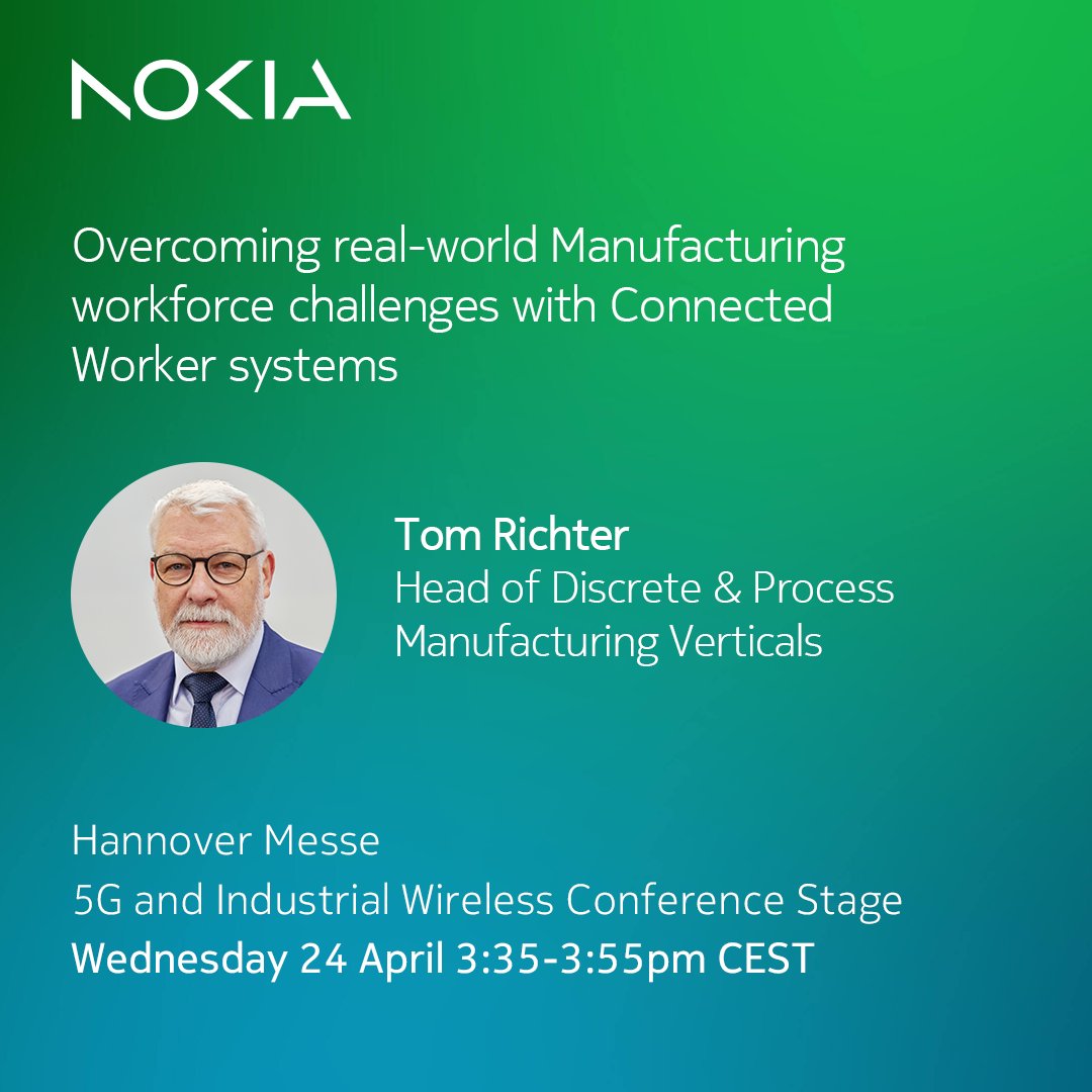 Join Tom Richter on 24 April at #HM23 to learn how available #ConnectedWorker solutions can help #manufacturers overcome urgent workforce challenges while paving the way for business-wide #DigitalTransformation. 

For more details on his session, visit: nokia.ly/3xRKdwZ