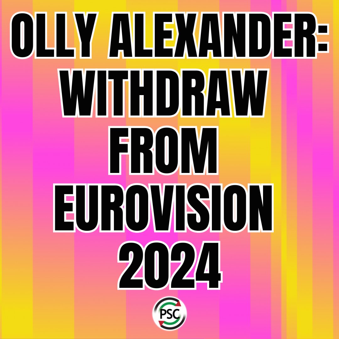 PSCupdates's tweet photo. 🚨Sign our petition to call on @alexander_olly to withdraw from @Eurovision

Eurovision have refused to remove genocidal Israel from the competition. Join us in asking @alexander_olly to listen to Palestinians and withdraw from the competition.

Sign here: https://t.co/3ropOoHFIc https://t.co/tsGJbfOl61