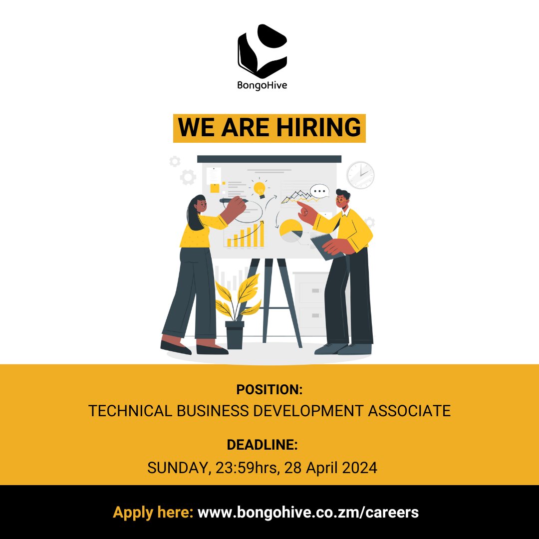 We are Hiring:Technical Business Development Associate Join us to strategise, direct, and oversee our business activities to align with BongoHive Consult’s objectives and market demands. Apply: bongohive.co.zm/careers/ Deadline: Sunday, 28th April.