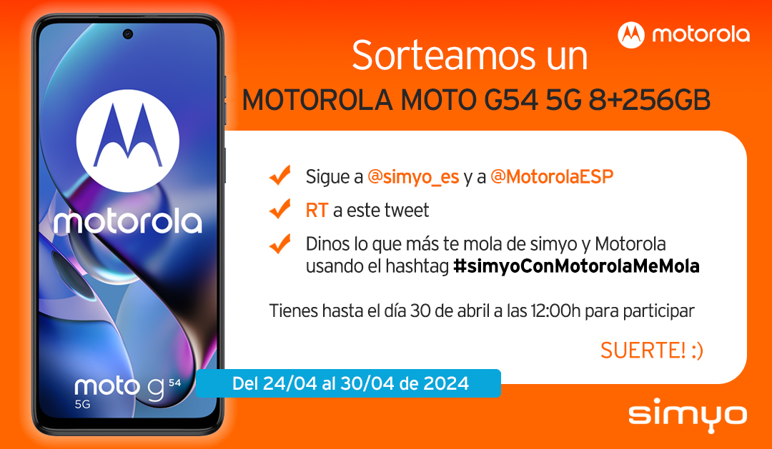 simyo_es's tweet photo. ¡¡¡SORTEO!!! 🎁📱
GANA UN MOTO G54 5G 8+256GB CON MOTOROLA &amp; SIMYO 👏
- Sigue a @simyo_es y a @MotorolaESP
- RT a este Tweet
- Dinos lo que más te mola de simyo y Motorola usando #simyoConMotorolaMeMola
Hasta el 30/04 a las 12:00h.
Bases: https://t.co/orb1pPn1wL https://t.co/QKrX9BBnDr