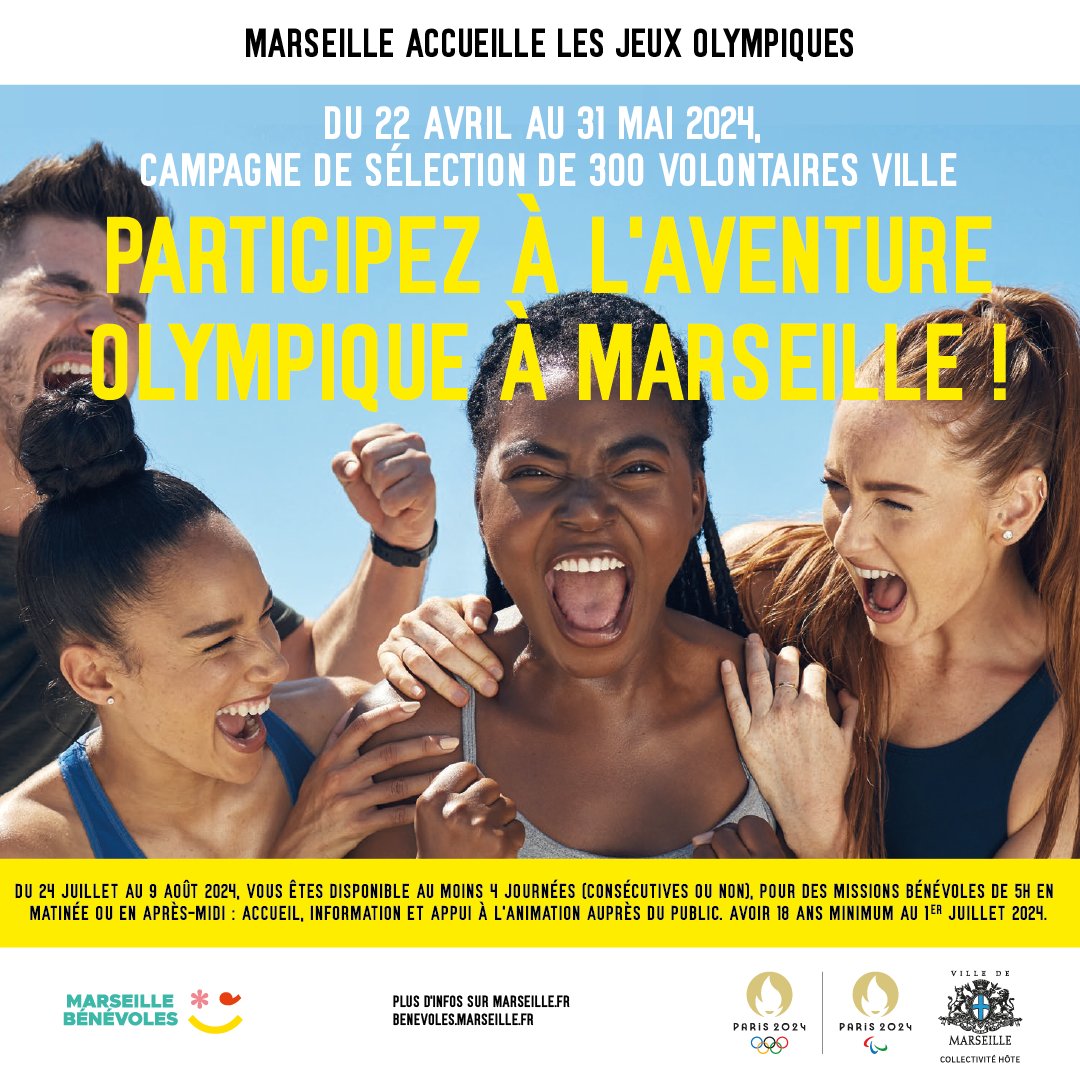 🔥💪 Vous souhaitez participer à l'aventure Olympique à Marseille ? Cet été, rejoignez nos équipes de bénévoles ! Inscrivez-vous jusqu'au 31 mai : bit.ly/3QcV0YE