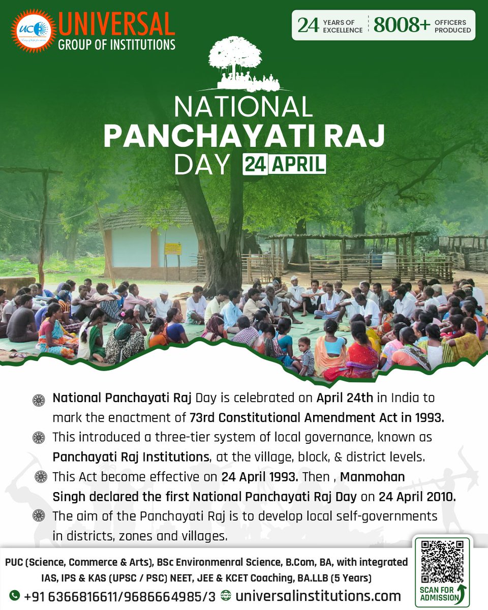 🏘️ #Unitingvillages, #shapingfutures: #Embracing the spirit of #NationalPanchayatDay! 🌱✨

🤝Wishing all our #ruralcommunities prosperity and progress on this #NationalPanchayatDay!

Know More:
🌐: bit.ly/Admission-Open…
📱: +91 9686664985 / 6366816611