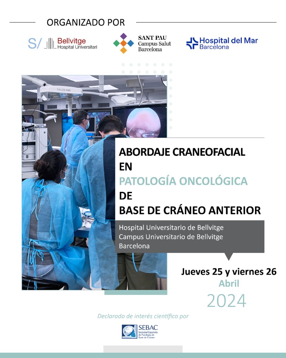 📣 Mañana estaremos en el curso de Abordaje Craneofacial en Patología Oncológica de Base de Cráneo Anterior 🗓️ 25 y 26 de abril 📍 H.U. Bellvitge, Barcelona 🔬 Declarado de Interés Científico por la #SEORLCCC #SECOMCyC #SCNC #SENEC #SEBAC 🔗 Más info: formedika.com/es/formacion/a…