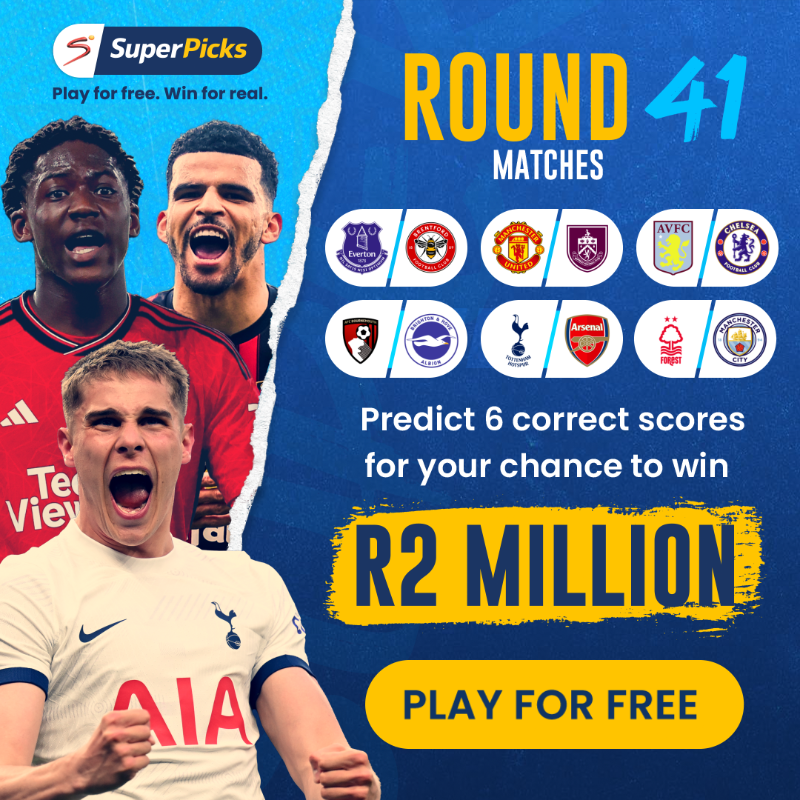 SuperPicksZA's tweet photo. ROUND 4️⃣1️⃣
Make your 6️⃣ best picks and you could be the one who wins Double Jackpot of R2 MILLION! 💸
Go to https://t.co/pePKElIj6e & submit your picks TODAY!
#SuperPicks #DoubleJackpot
