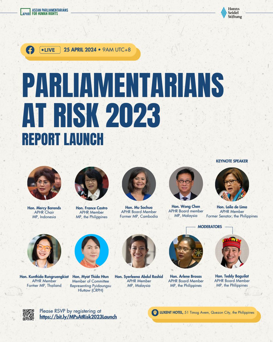 🗣️ APHR is organizing the launch of the Parliamentarians at Risk 2023 report on 25 April 2024 at Luxent Hotel, Quezon City, the Philippines.