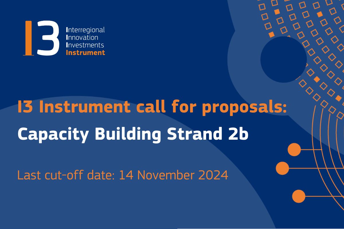 🔔 #I3Instrument call 'Capacity Building Strand 2b': The call aims to improve the capacity of public authorities & #innovation intermediaries to support companies in the identification of investment portfolios at an interregional scale. Apply by 14/11 👉 europa.eu/!wG3cV7