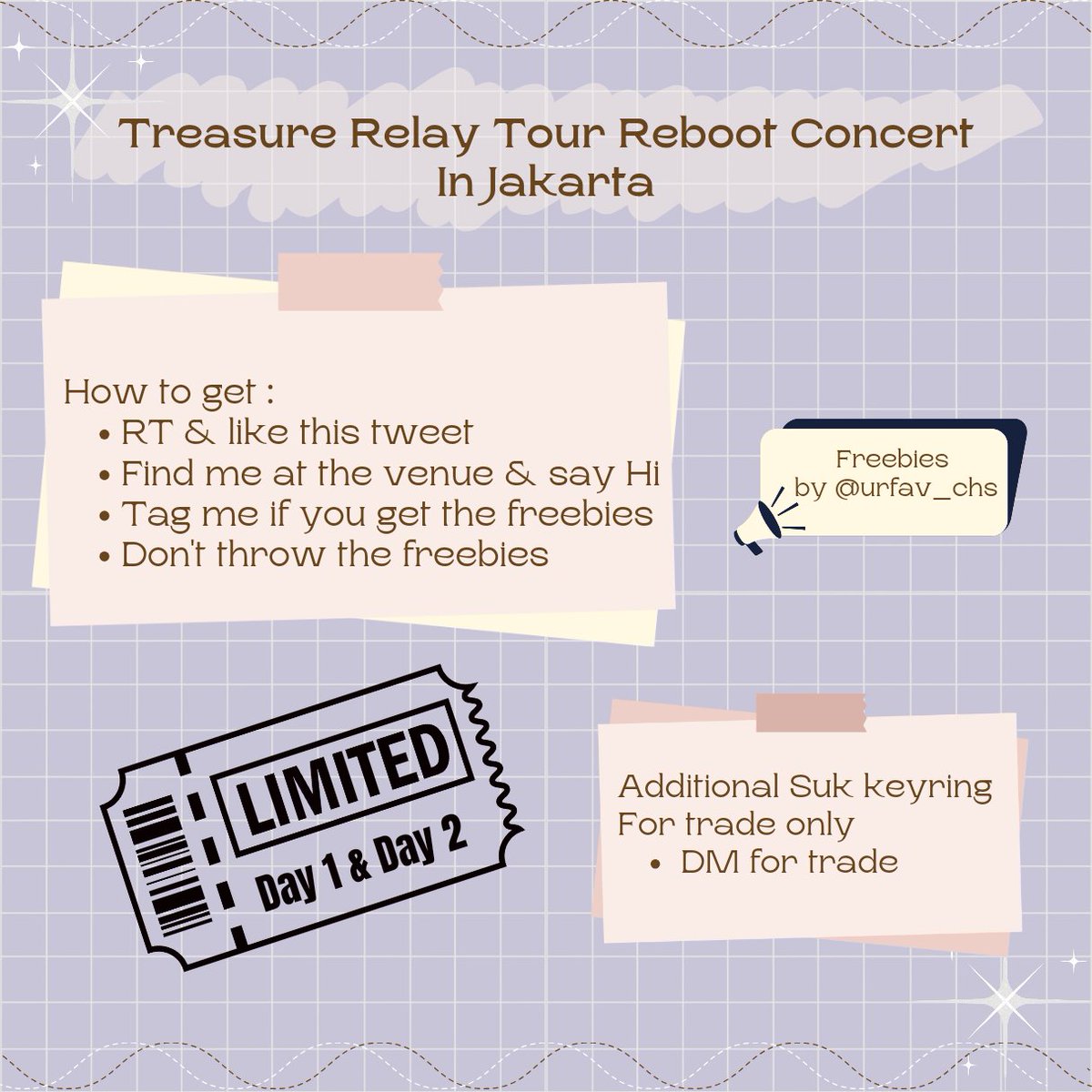 FREEBIES TREASURE RELAY TOUR REBOOT CONCERT IN JAKARTA

📍 Indonesia Arena, GBK
⏰ TBA
🗓️ 29-30 June 2024 

LIMITED quantity

 #TREASURE_REBOOT_IN_JAKARTA
#TREASURE_REBOOT #TREASURE 
#TREASURE_REBOOT