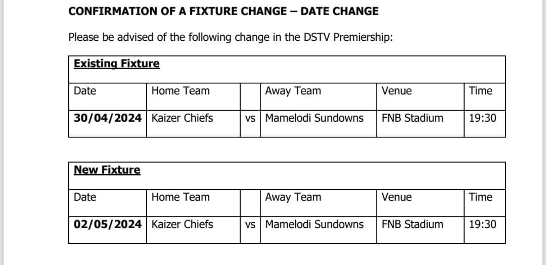 🛑 The PSL has moved the Chiefs v Downs game next week by two days.