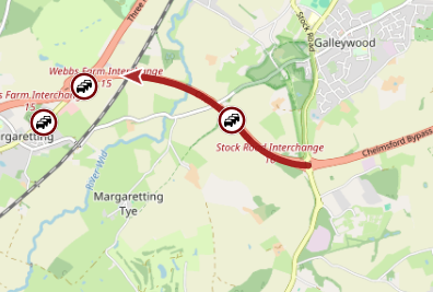 Essex_Travel: A12 Londonbound - slow traffic from J16 (Galleywood) to J15 (A414/Three Mile Hill).