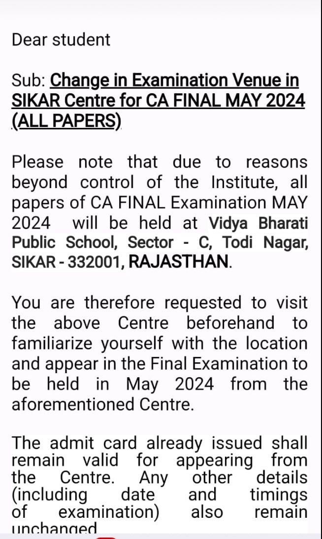CAAYUSH_GUPTA's tweet photo. Another centre change by #ICAI 

Just Think 🙏

Students whose centres were far from their home town have already moved to nearby PG or hostel 😢

now icai is changing exam centres 😐

@caanupam7 @anubha1812 @CAChirag @aarchanay
@ajain_aca
#icai  #icaiexams #caexams #castudents https://t.co/cr77b0o7Ti
