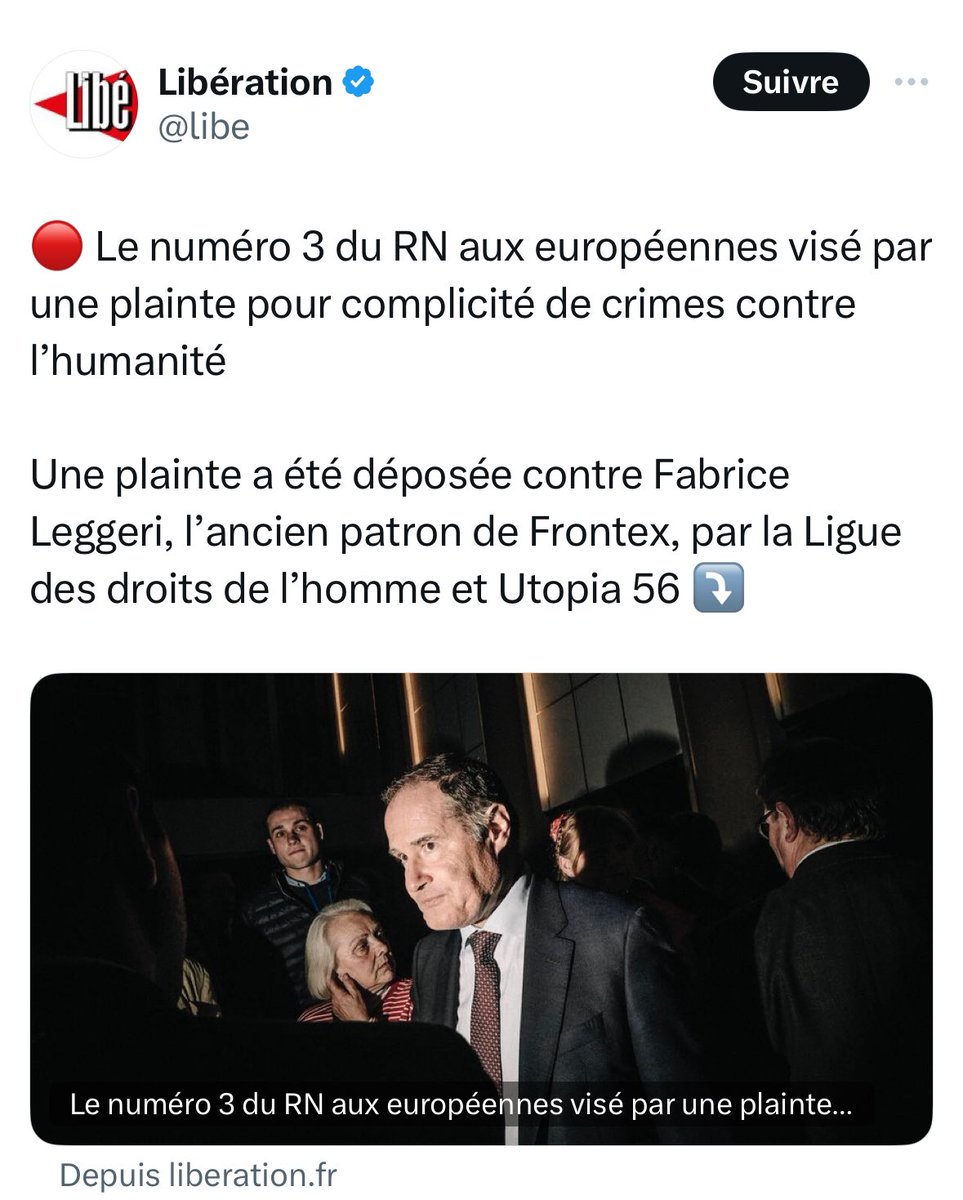 🤝🏻 Soutien à @FabriceLeggeri poursuivi par des associations d'extrême gauche pour avoir tenté de lutter contre l'immigration illégale à la tête de #Frontex.

@libe, journal islamo-gauchiste est bien sûr de la partie pour relayer cette info 🤷🏼‍♀️