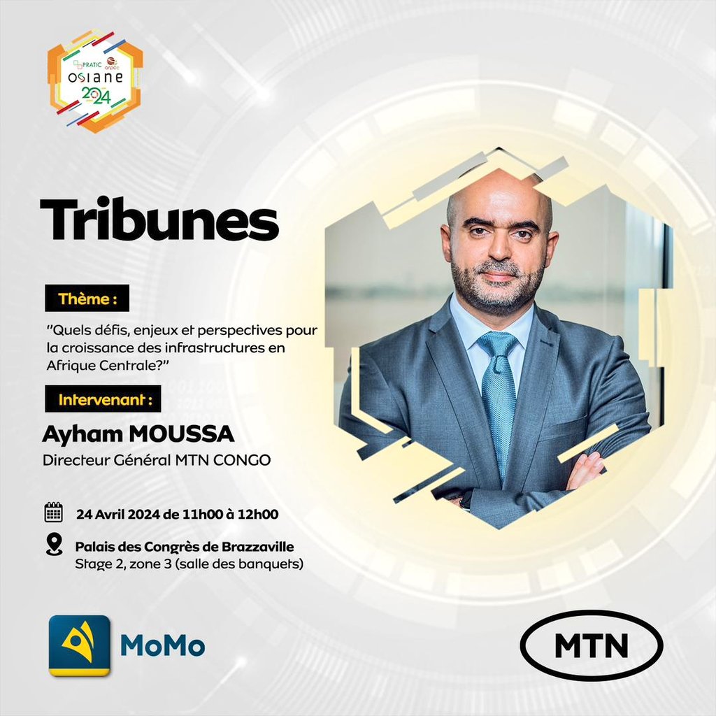 🔸 <a href="/OsianeCg/">Osianecg</a> c'est aussi des conférences de haut niveau sur le du numérique en toute l'Afrique centrale.
RDV avec <a href="/mtncgceo/">MOHAMMED RUFAI</a> aujourd'hui dès 11h.
<a href="/MTN_123/">MTN CONGO</a> #Osiane2024 #MTN #ChezMoiAuCongo 
#MTNCongo #MTNCongoAvecOsiane2024
#AlorsOnFaitQuoiAujourdhui #charismatique
#congonumerique