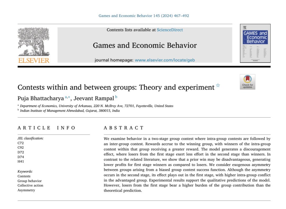 Happy to share news about a new #publication in Games and Economic Behavior with my fantastic co-author Puja Bhattacharya. We analyse infighting within groups like political parties, #electoralcontributions, and the effects of one party having an advantage in the election.