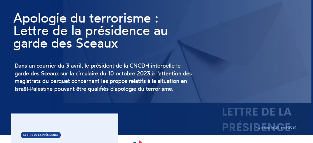 #ApologieDuTerrorisme 📝Le 3 avril, le président de la #CNCDH a adressé un courrier à @E_DupondM pour lui exprimer son inquiétude face à un certain nombre d’affaires mettant en cause la #Libertedexpression au nom de la répression contre l’apologie du terrorisme.…