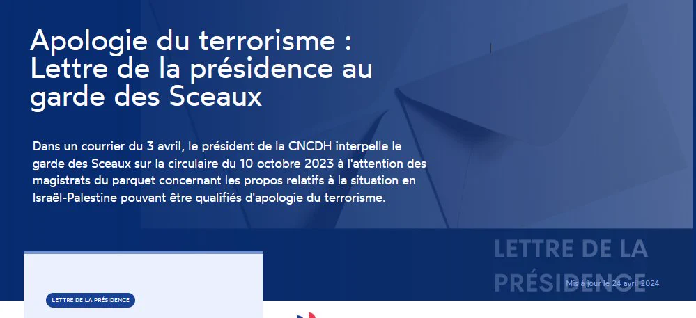 Copie d'écran du site Internet de la  CNCDH sur la page présentant la lettre