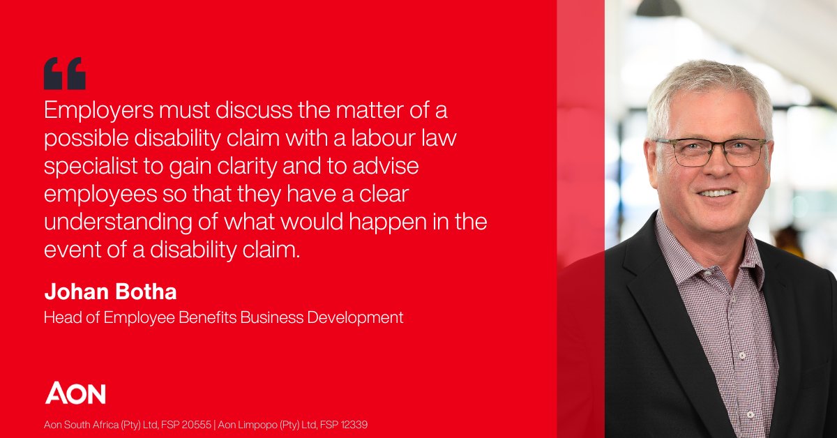 In his latest article, Johan Botha, our head of employee benefits business development, unpacks the complexity of an employee’s disability claim. Read about it: aon.io/3U5lOv2
#DisabilityClaim #EmployeeBenefits #BetterDecisions