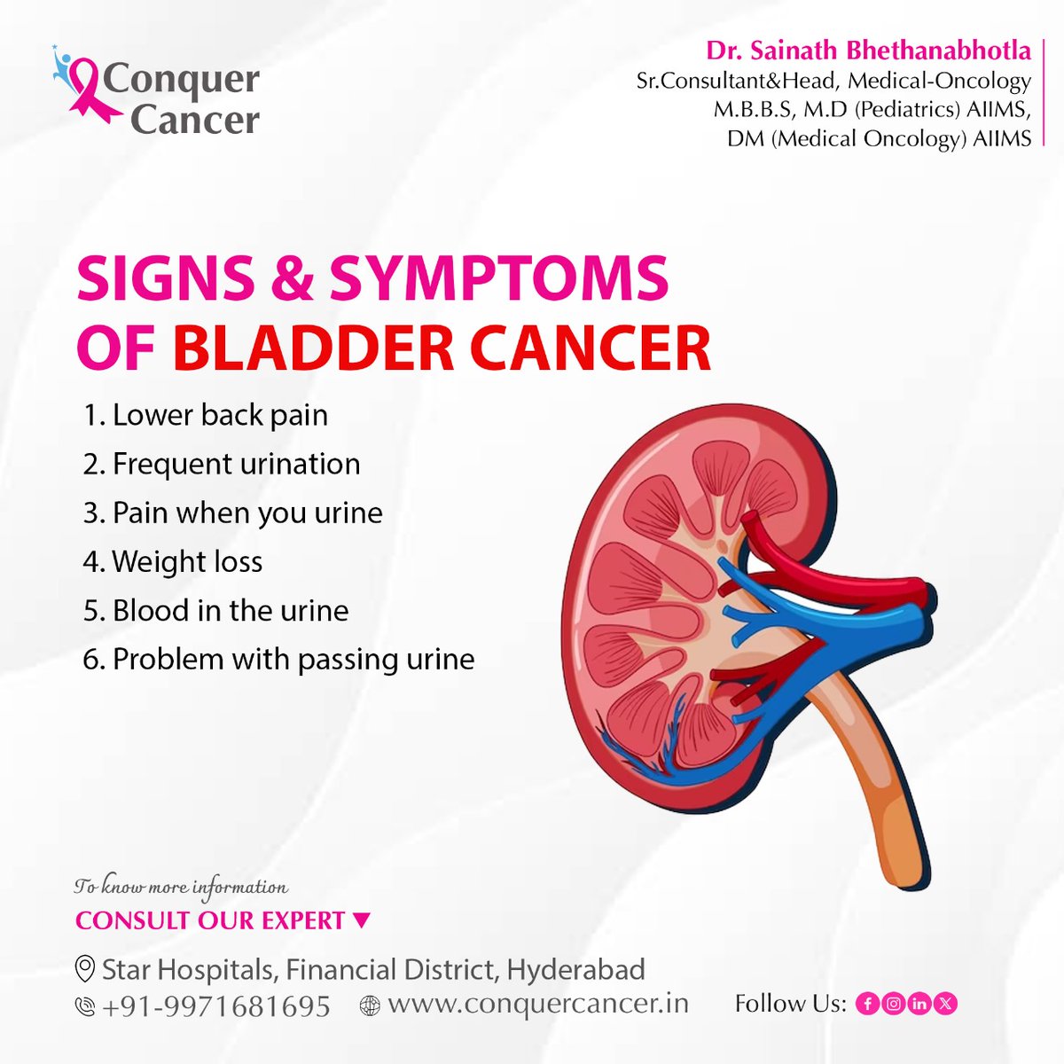 🚨 Don't ignore the signs! 🚨Bladder cancer can sneak up on anyone. Be vigilant and watch out for these red flags:
1️. Lower back pain
2️. Frequent urination
3️. Painful urination
4️. Unexplained weight loss
5️. Blood in your urine