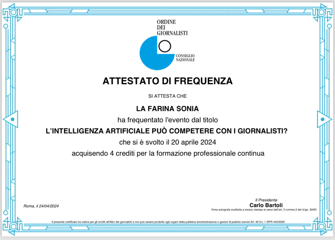 📝Come il progresso cambia la professione🤖
👉🏽Attestato del corso seguito ad Enna

#giornalisti #formazioneprofessionale #intelligenzaartificiale #AI