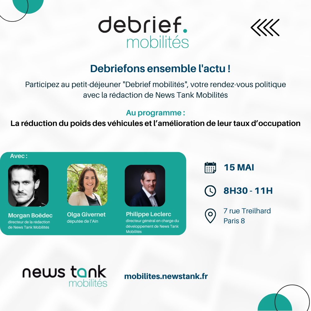 📆 [Agenda] #networking #transports #mobilités 
👉 Debrief Mobilités, votre rdv politique avec la rédaction de <a href="/NMobilites/">News Tank Mobilités</a> le 15/05 de 8h30 à 11h à Paris !
Grand témoin : <a href="/OlgaGivernet/">Olga Givernet</a> 
✅Info et inscription : mobilites.newstank.fr/article/view/3… 
<a href="/AssembleeNat/">Assemblée nationale</a> #transport #mobilité #media