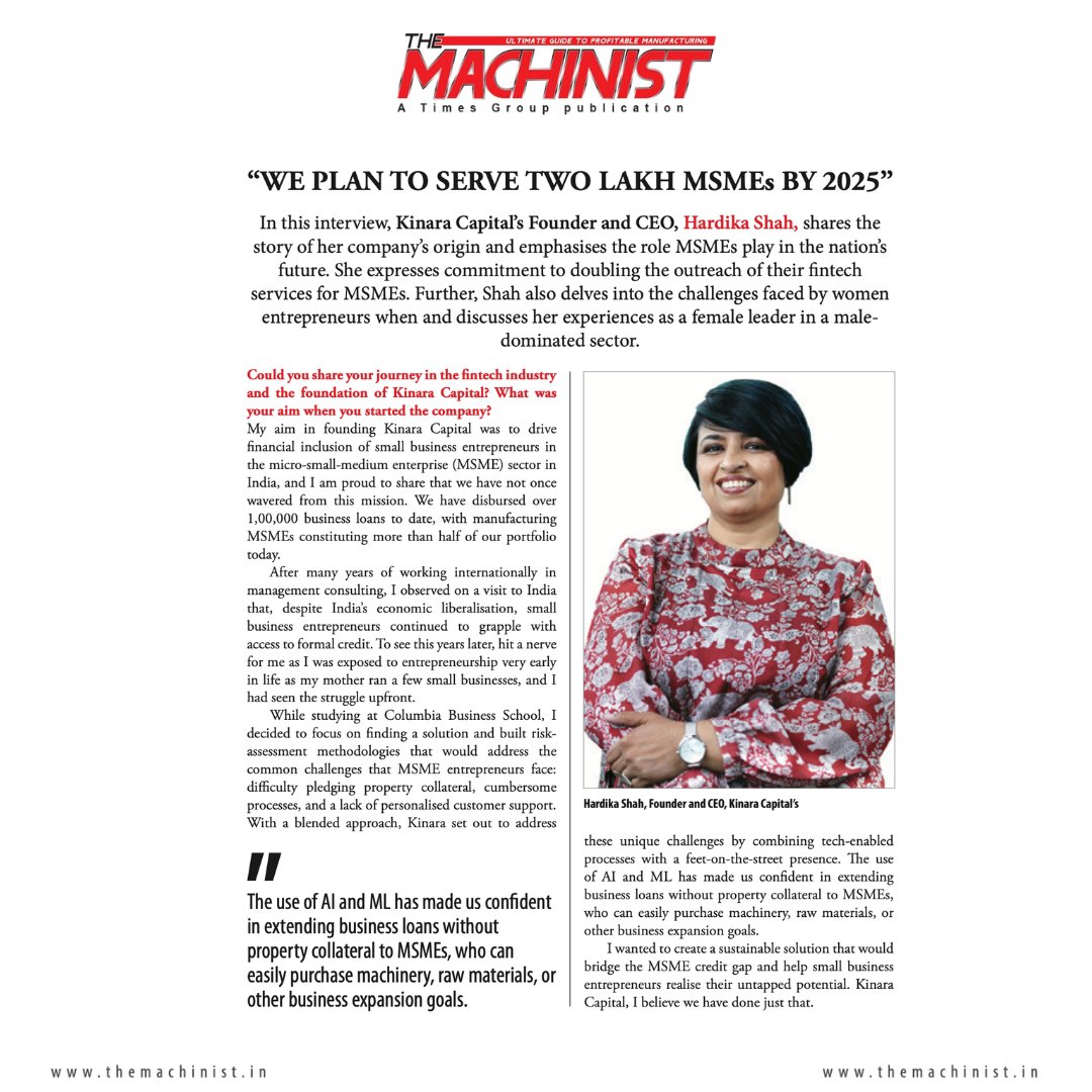 The Machinist, a Manufacturing magazine, featured an exclusive interview with our Founder & CEO @Hardika100 where she spoke about the role of Manufacturing sector MSMEs in fostering economic growth bit.ly/4aKxWcj #EmpoweringEntrepreneurs #Economy #ceoinsights #MSME