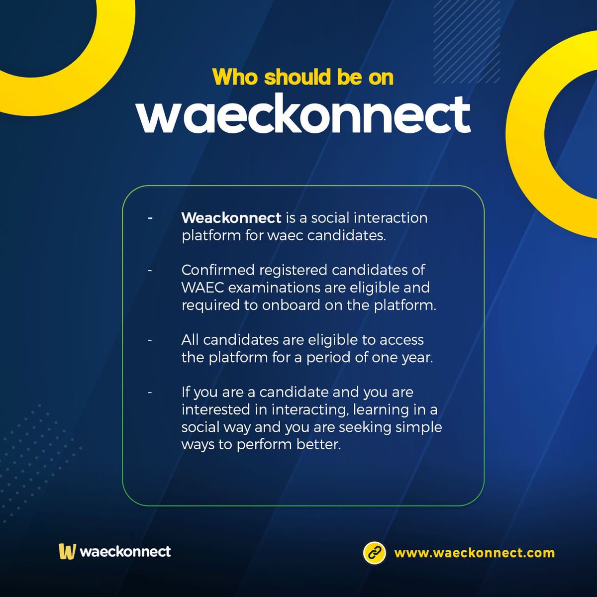 waecnigeria's tweet photo. You should be on WAEC Konnect!
#waeckonnect
#getkonnected https://t.co/LWCgTG4yvE