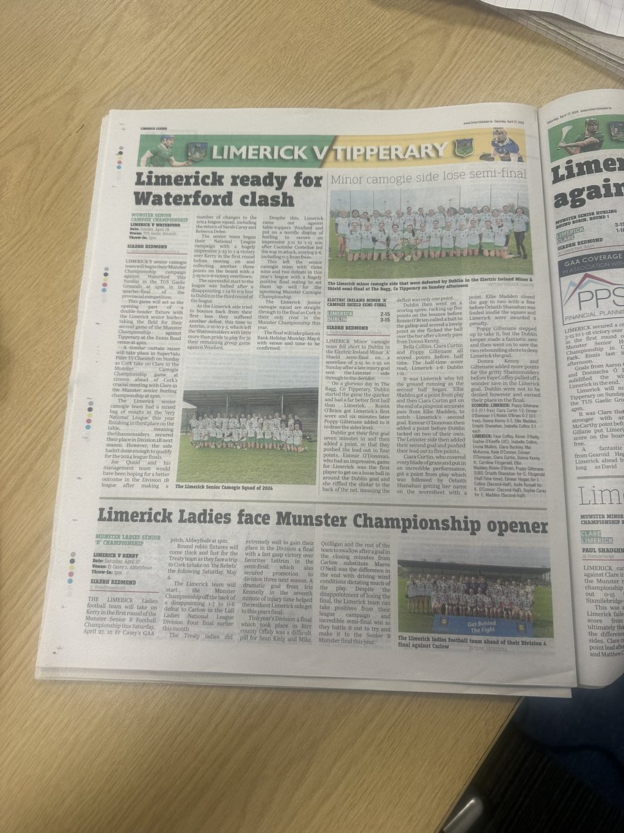 Full page of women’s GAA including:
✖️ @LimCamogie update and look ahead to Munster Championship against Waterford 
✖️ @LKLadiesGaelic also open their Munster Championship campaign this Saturday 
✖️ Match report from Minor Camogie Shield Final